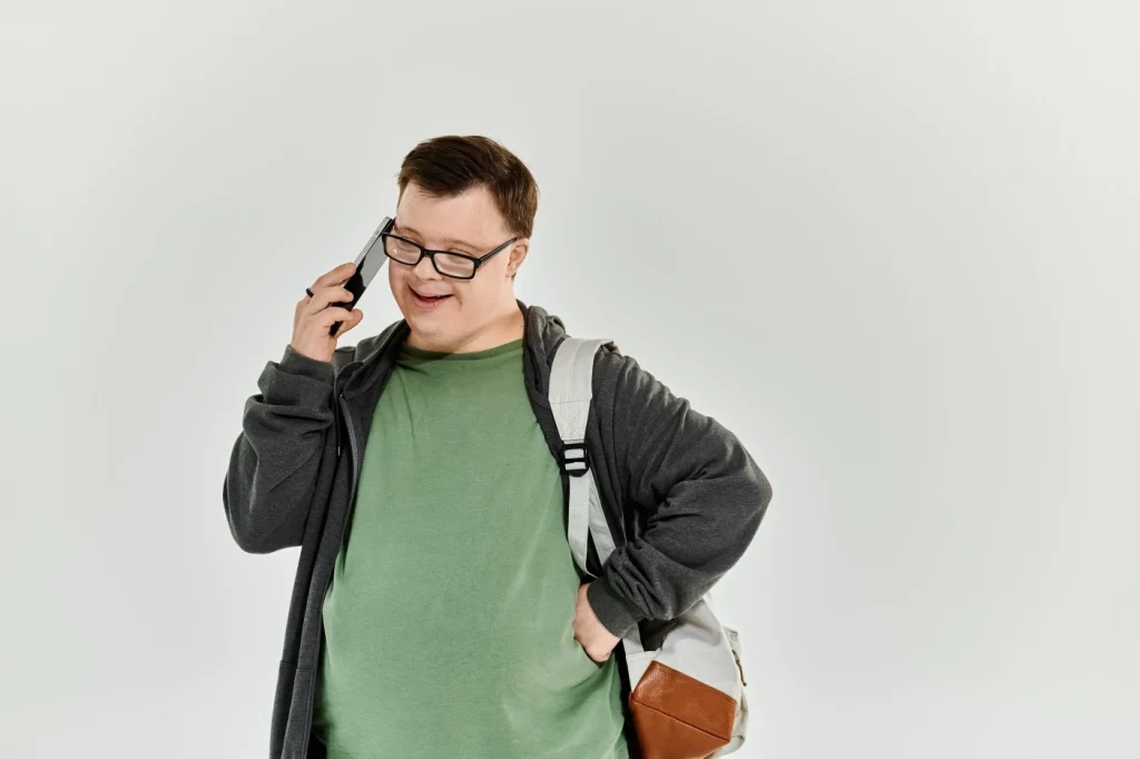 A disabled man talking on the phone